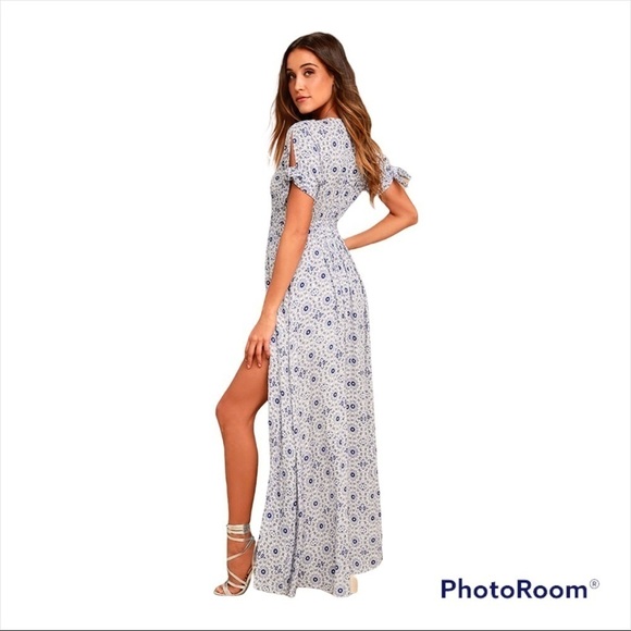 LULUS Blue White Printed Tie Front Maxi Romper Dress Small - Picture 5 of 12
